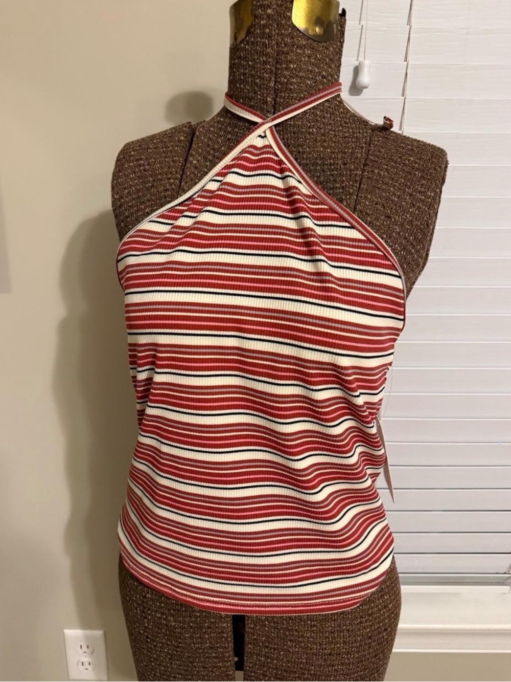gaze Striped Red and Cream Halter Tank Top